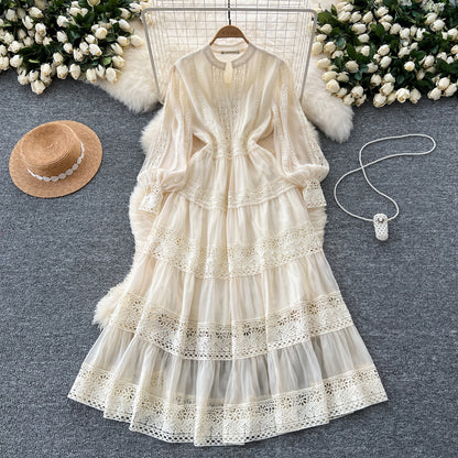 French retro lace splicing lantern sleeve dress waist slimming elegant long skirt R2225