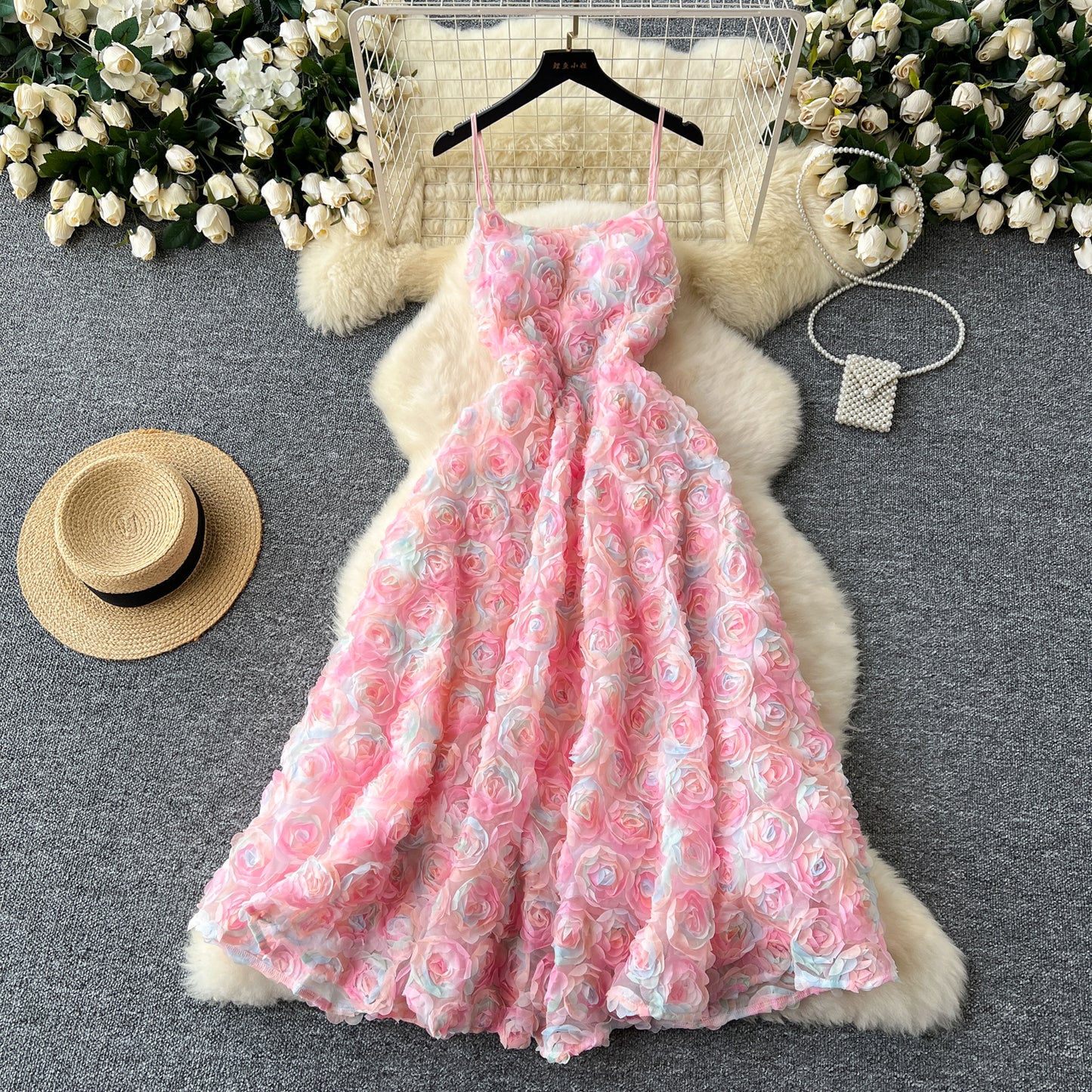 High-end dinner party dress heavy three-dimensional rose flower waist suspender dress R2221