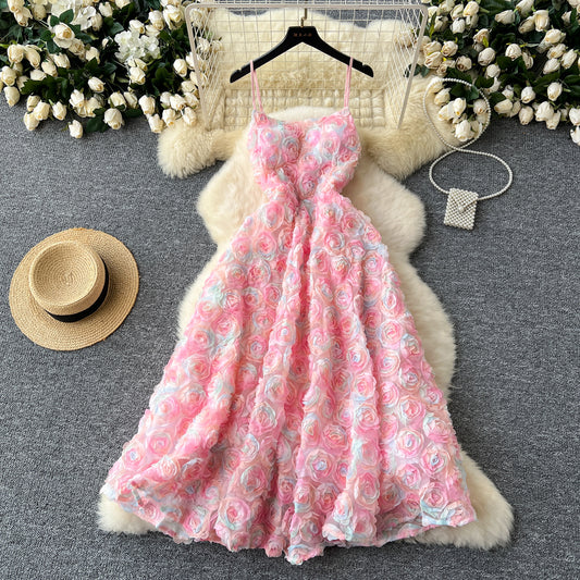 High-end dinner party dress heavy three-dimensional rose flower waist suspender dress R2221