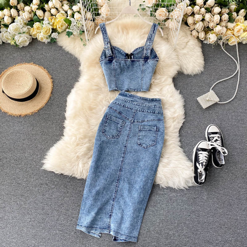 Women's suits 2025 new sexy short camisole high waist denim skirt trend R2273