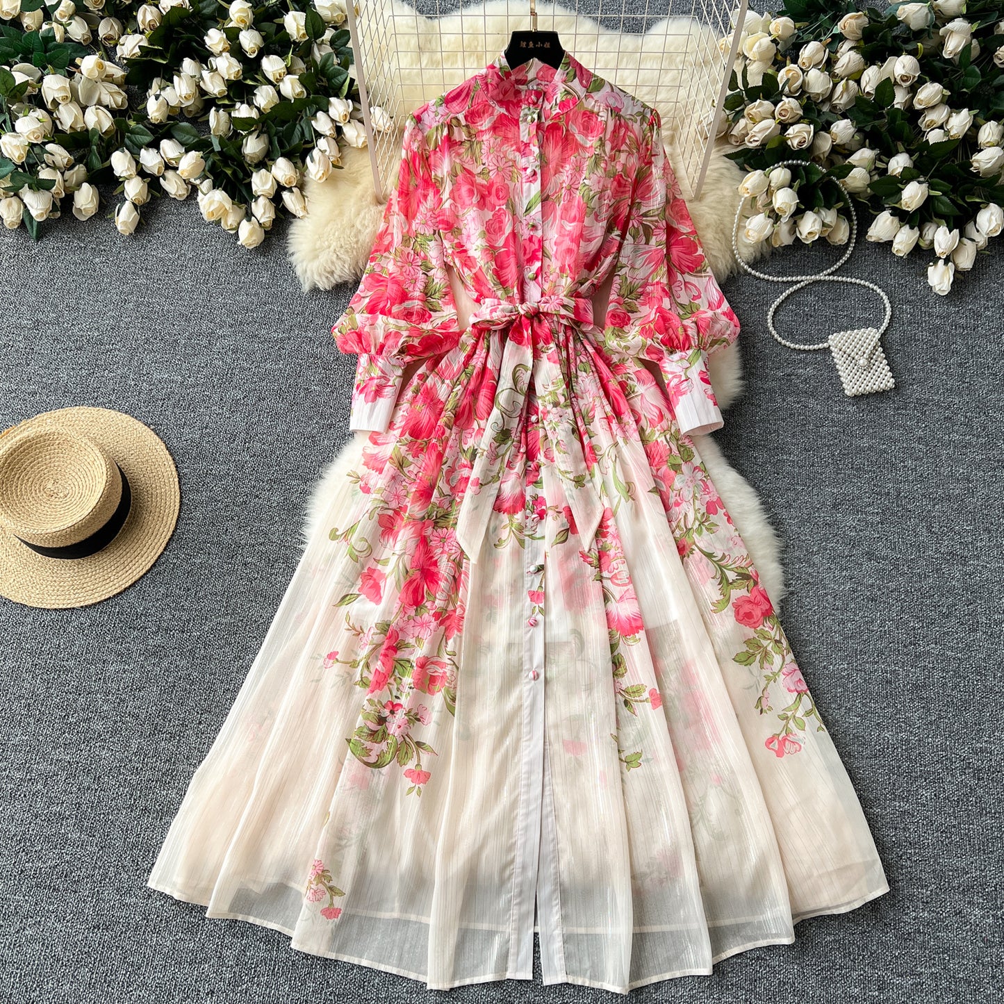European and American printed dress stand collar waist tie long dress French chiffon skirt R2220