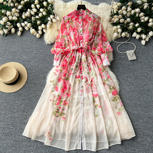 European and American printed dress stand collar waist tie long dress French chiffon skirt R2220