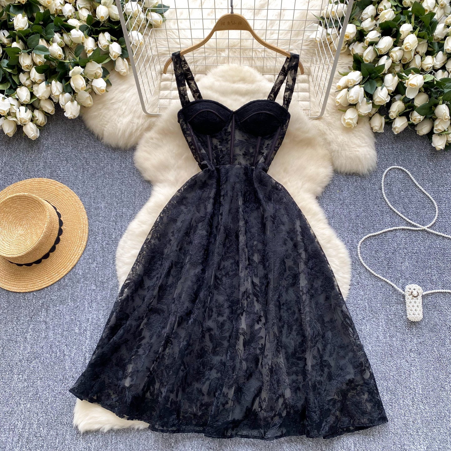Dress exquisite dress French style high-end tube top lace embroidery waist suspender skirt R2219