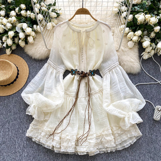 French court style dress sweet embroidery lace lantern sleeves ruffled holiday tutu skirt R2224