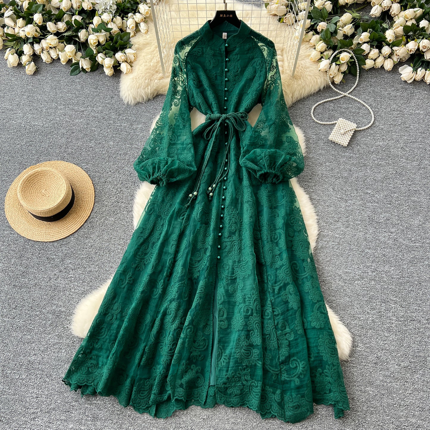 Elegant Stand Collar Crochet Embroidery Lantern Sleeve Tie Waist Long Dress R2250