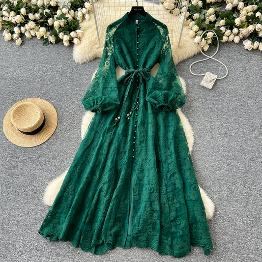 Elegant Stand Collar Crochet Embroidery Lantern Sleeve Tie Waist Long Dress R2250