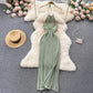 High-end temperament halter neck sleeveless hollow knitted dress slim fit slit holiday dress R2256