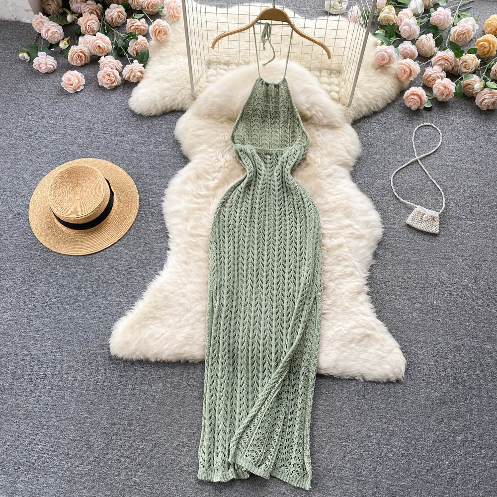 High-end temperament halter neck sleeveless hollow knitted dress slim fit slit holiday dress R2256