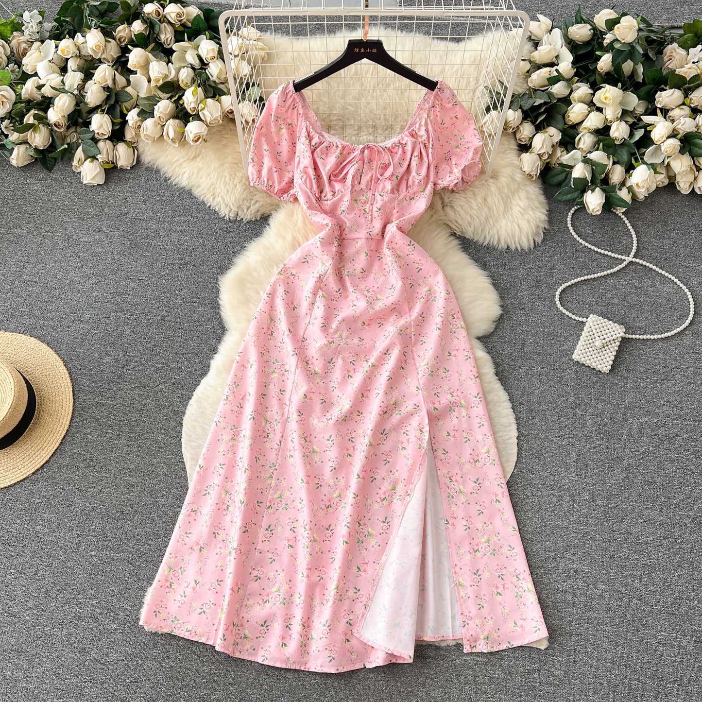 Retro romantic floral dress summer puff sleeves slit design niche chic beautiful long skirt R2248