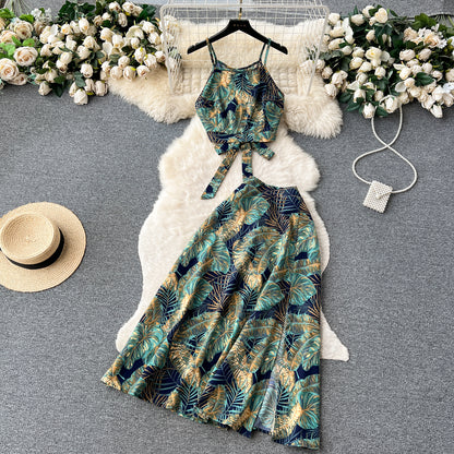 Pure desire hot girl suit strap navel-exposing short sling + slit big swing skirt R2231