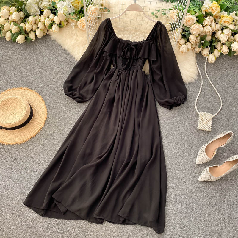 Gentle style dress 2025 new French retro square neck puff sleeve chiffon dress R2212