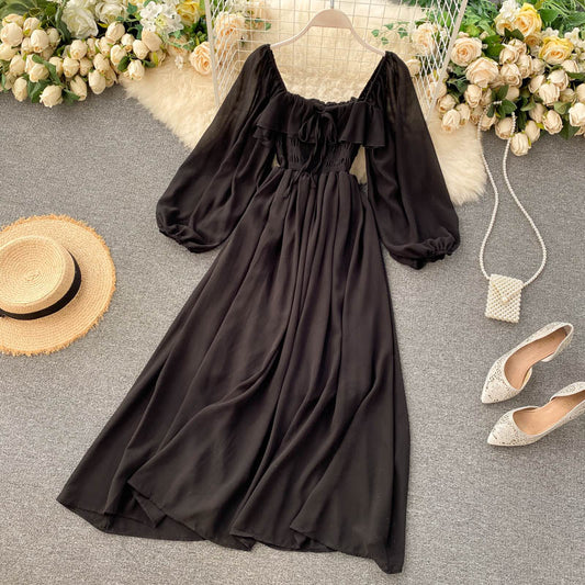 Gentle style dress 2025 new French retro square neck puff sleeve chiffon dress R2212