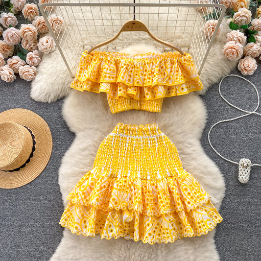 Holiday style suit heavy embroidery hollow ruffle one-shoulder top short skirt two-piece suit R2255