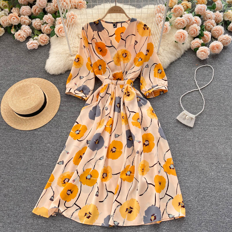 Dress goddess style temperament V-neck slim fit medium long retro print skirt R2206