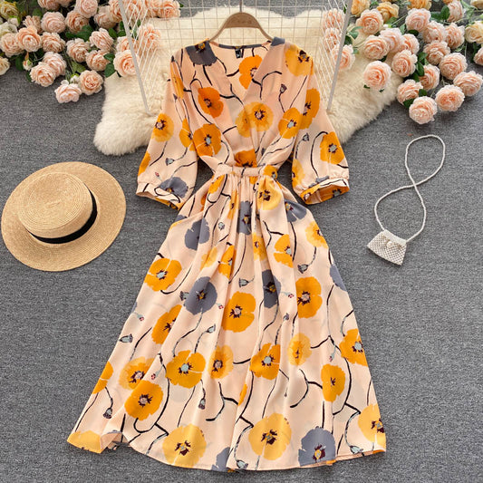 Dress goddess style temperament V-neck slim fit medium long retro print skirt R2206