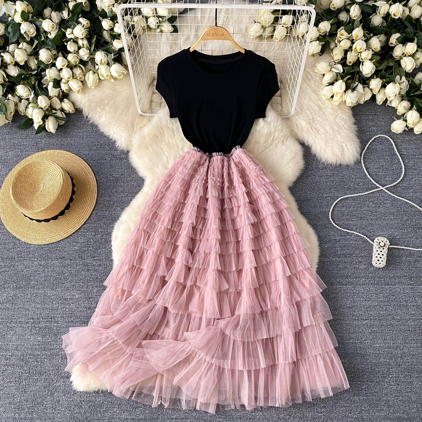 European and American style high-end dress mesh design waist slimming super fairy long skirt R2228
