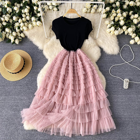 European and American style high-end dress mesh design waist slimming super fairy long skirt R2228
