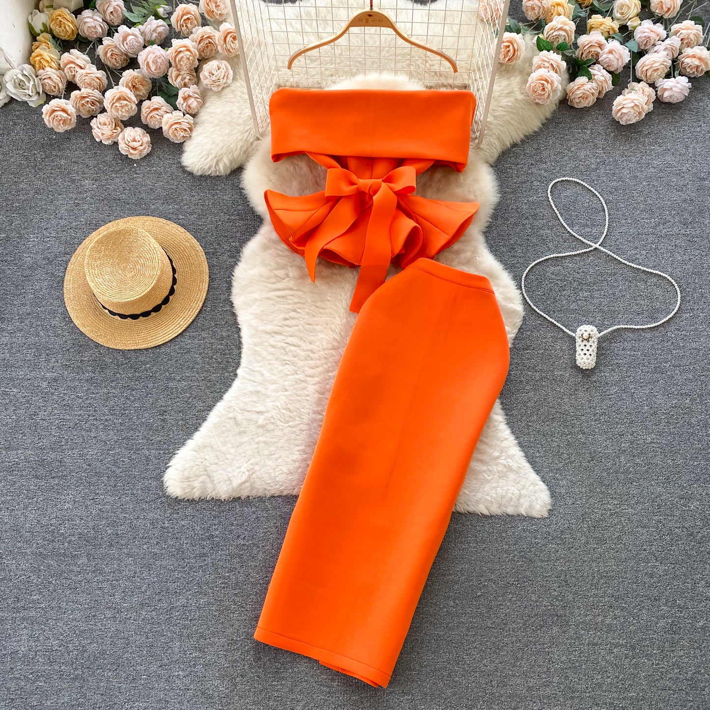 Palace style dress suit sexy one shoulder waist lotus leaf hem top versatile skirt two piece suit R2251