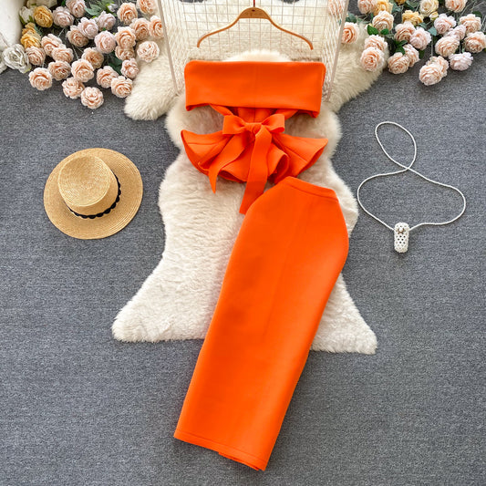 Palace style dress suit sexy one shoulder waist lotus leaf hem top versatile skirt two piece suit R2251