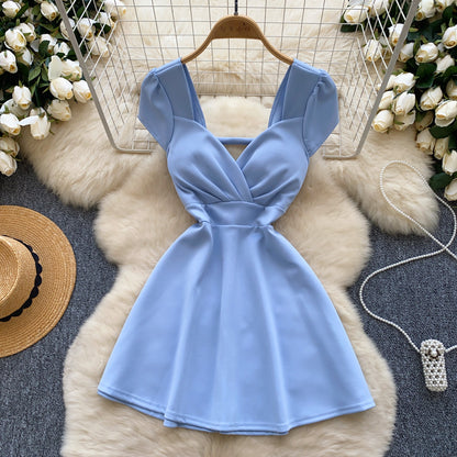 New sexy V-neck waist slimming short-sleeved dress temperament A-line short skirt R2213