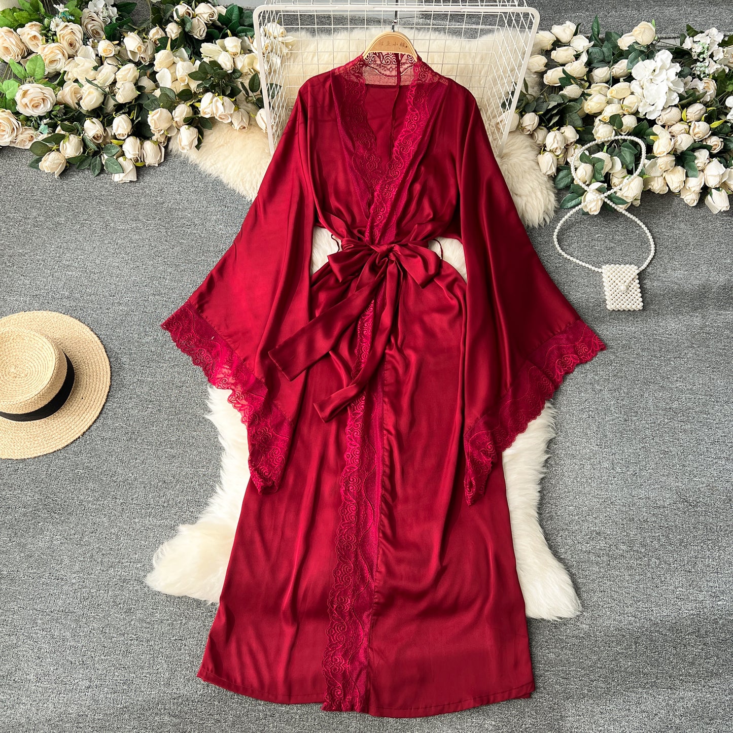 High-end temperament mid-length pajamas robe loose strap waist lace splicing shawl coat R2222