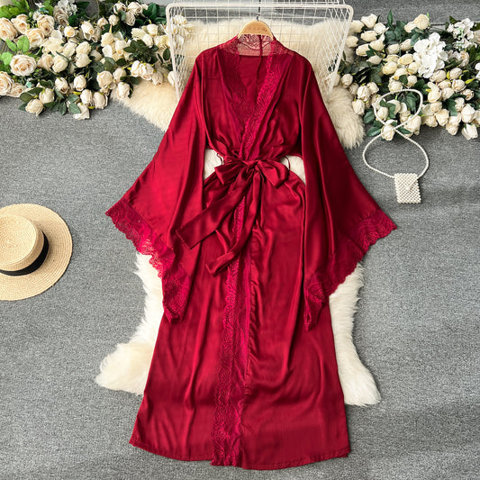 High-end temperament mid-length pajamas robe loose strap waist lace splicing shawl coat R2222