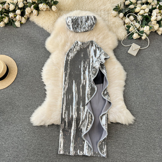 High-end suit sequined tube top short sexy high slit ruffle skirt holiday two-piece suit R2210