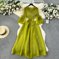 Palace style dress with tassels, V-neck, slim fit, long, pleated, trumpet sleeves R2260