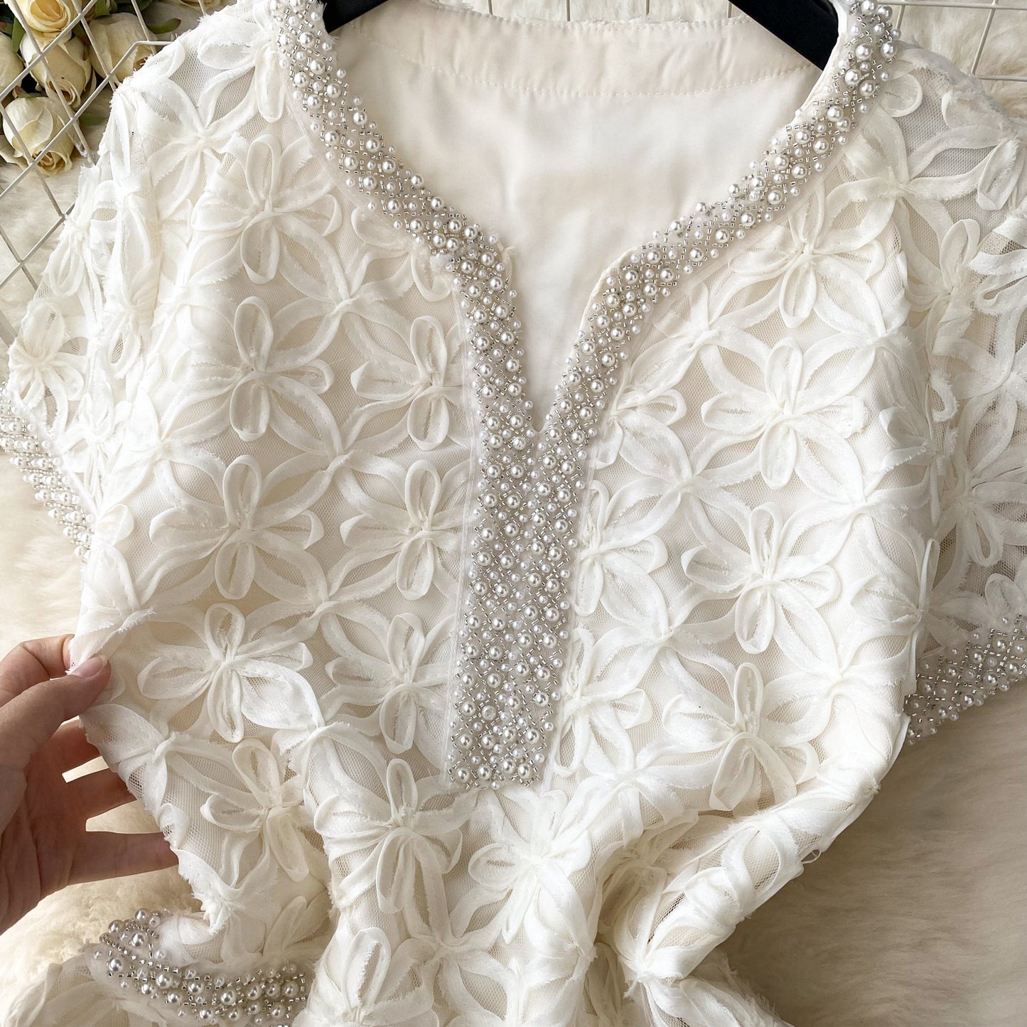 French beaded lace hook flower short sleeve dress high waist slim temperament short skirt R2276