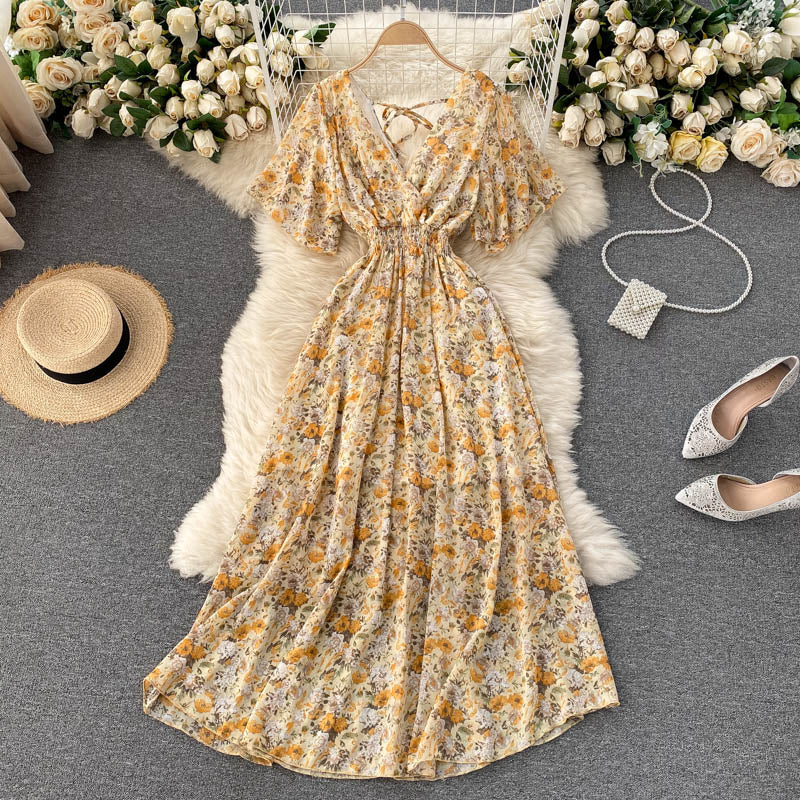 Seaside holiday dress 2025 new sexy V-neck waist slim long chiffon floral beach dress R2262
