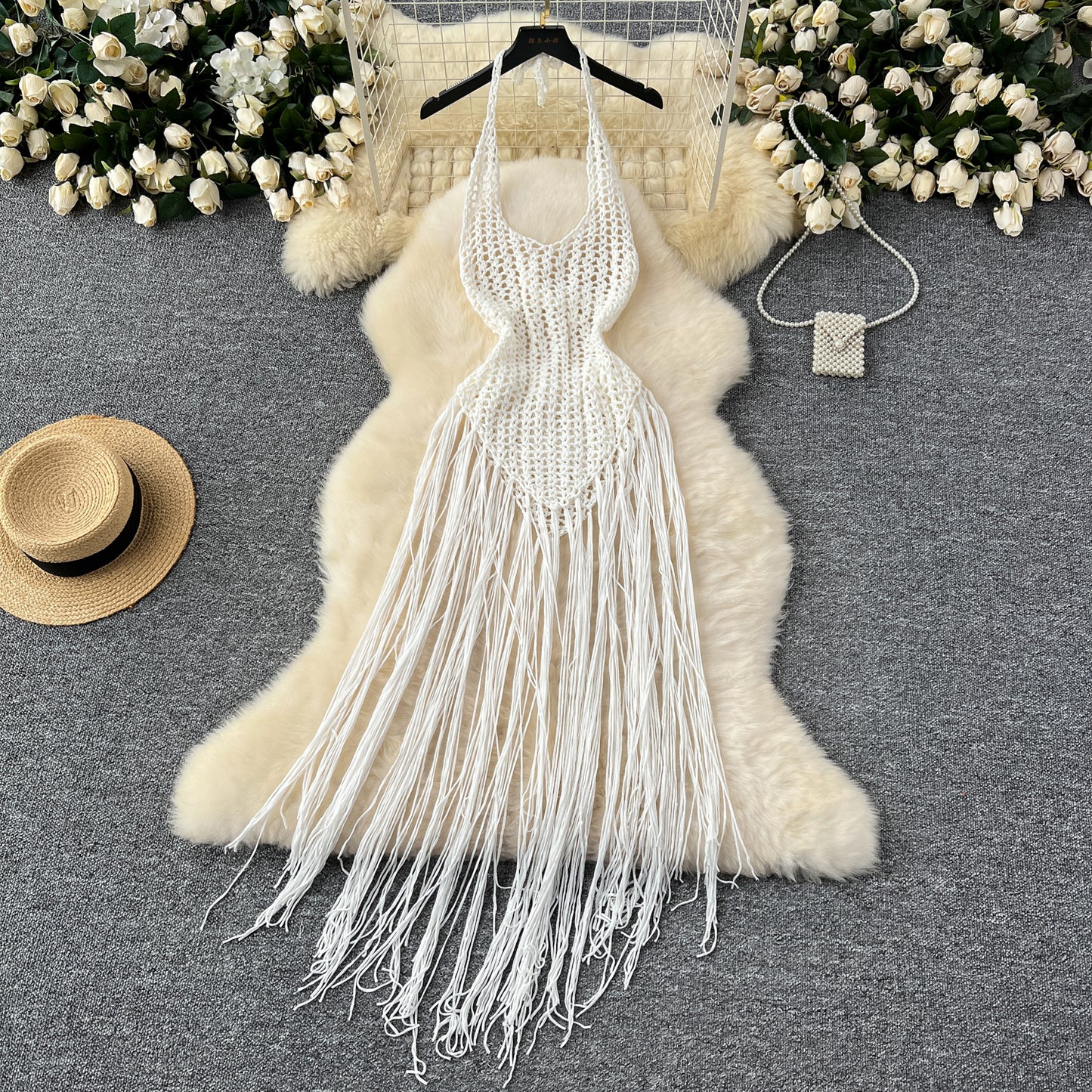 European and American sexy hollow lace knitted tassel blouse dress slim holiday top R2202