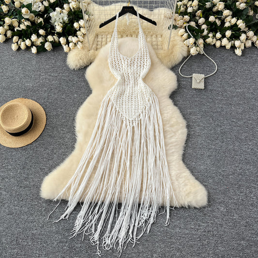 European and American sexy hollow lace knitted tassel blouse dress slim holiday top R2202