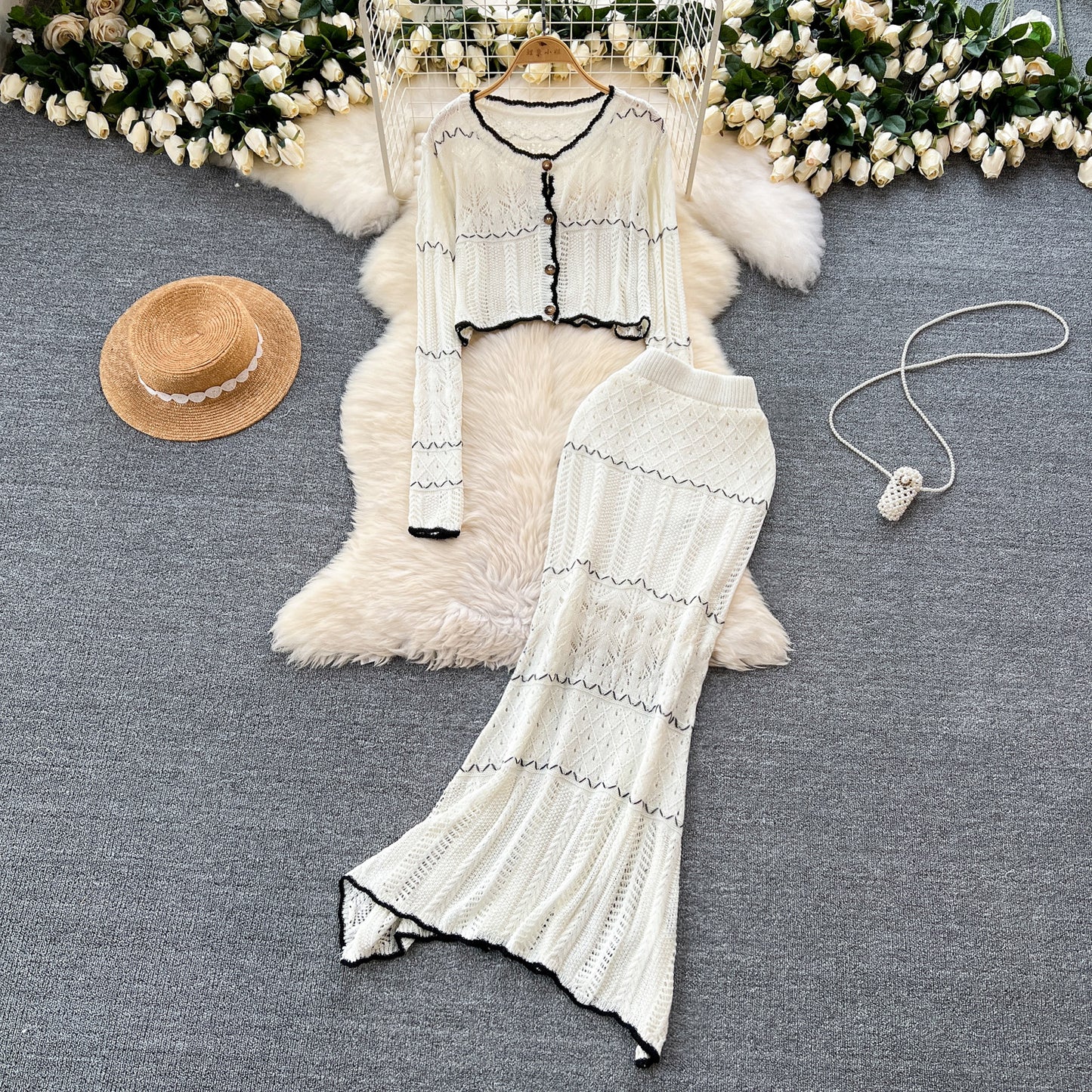 French style gentle hollow knitted cardigan jacket + slim hip fishtail skirt two-piece suit R2236