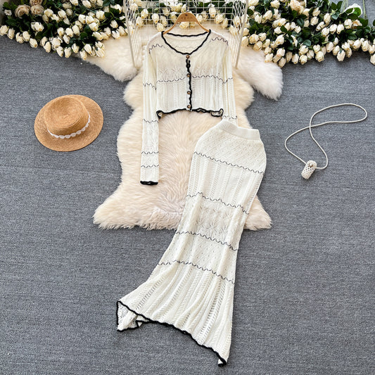 French style gentle hollow knitted cardigan jacket + slim hip fishtail skirt two-piece suit R2236