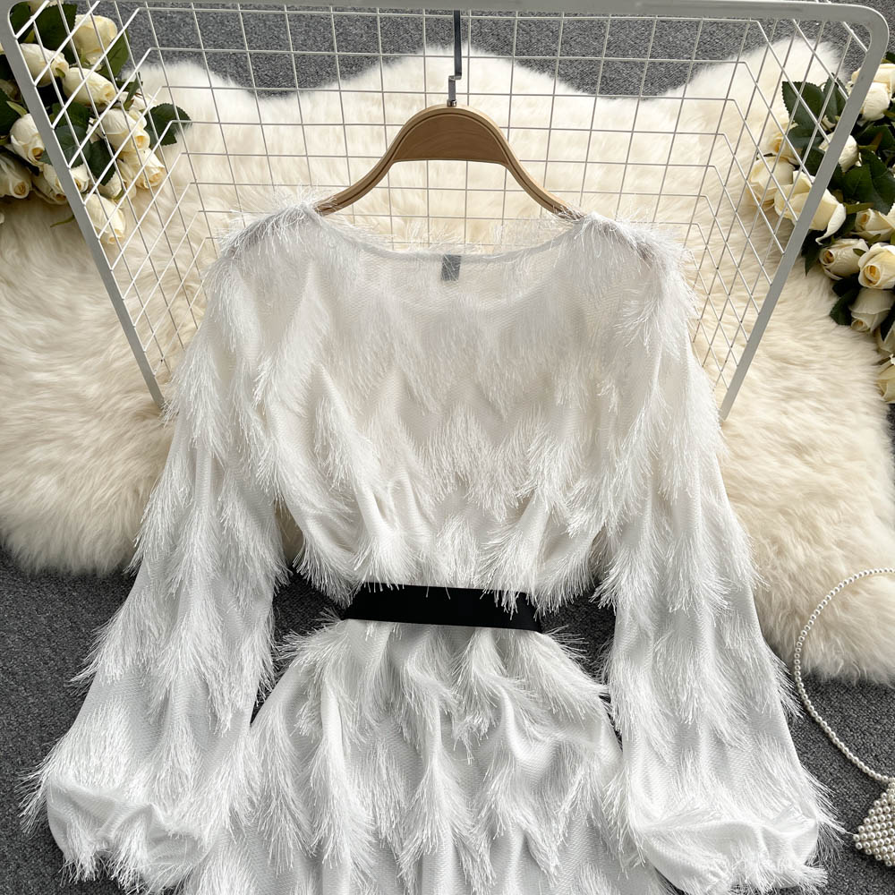 French dress with fur tassel design, small and chic temperament A-line short skirt R2274
