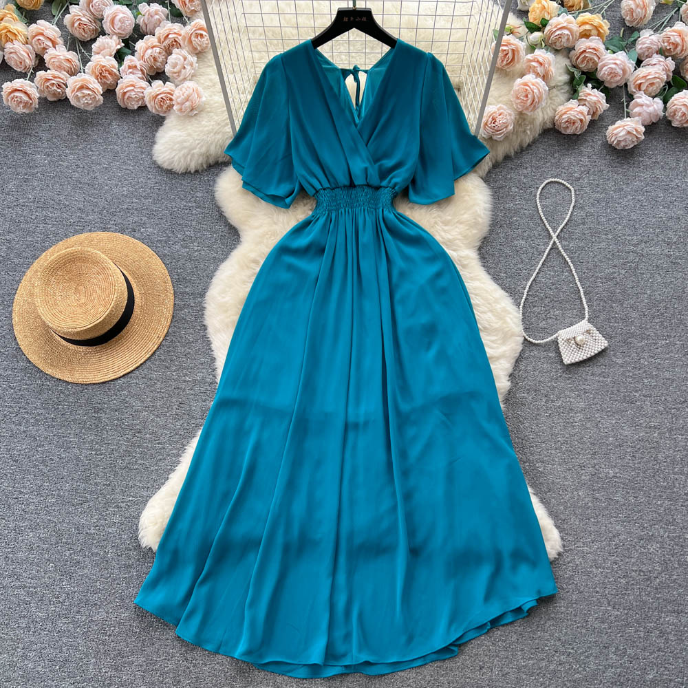 Chiffon dress 2025 new style temperament V-neck elastic waist slim long holiday beach dress R2280