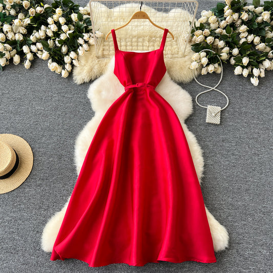 Dinner party dress high-end sling dress French style waist temperament fluffy big swing dress R2215