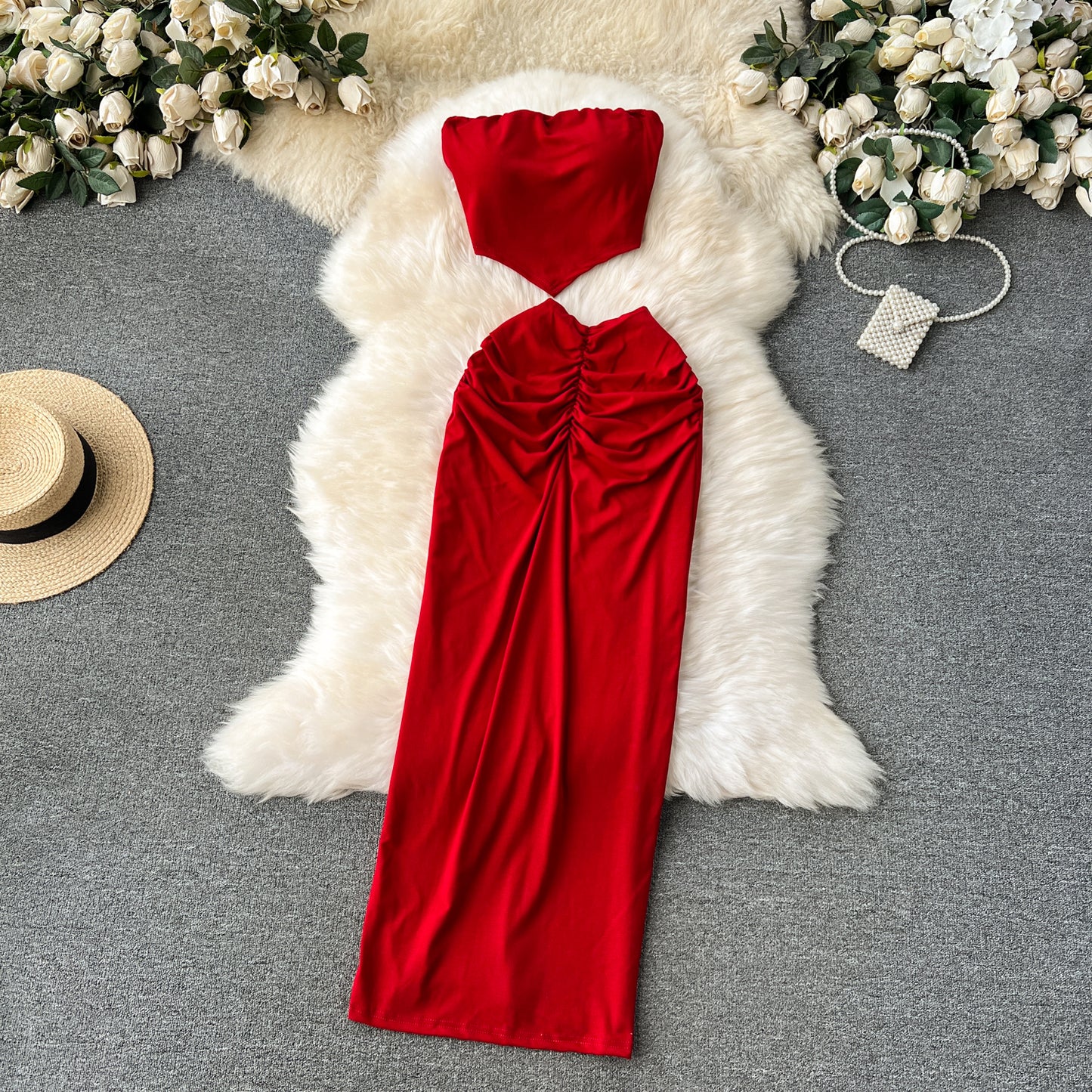 Hot girl style tube top short versatile pleated slim skirt fashionable two-piece skirt suit R2239