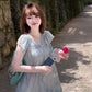 Gentle and sweet style blue floral dress beautiful loose A-line short skirt for petite R0651
