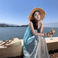 Holiday style gentle temperament unique beautiful blue suspender top skirt two-piece set R0869