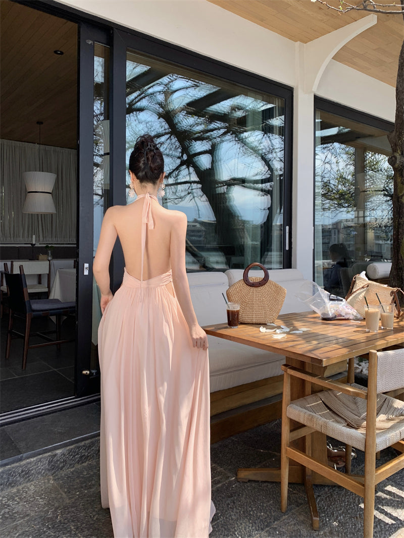 Gentle temperament V-neck halter dress unique waist A-line beach dress R0576