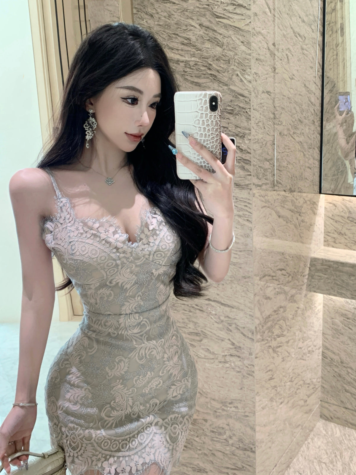 Blue suspender dress, sexy waist, slim hip skirt R0579