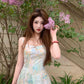 Green floral suspender dress gentle temperament waist small skirt R0578