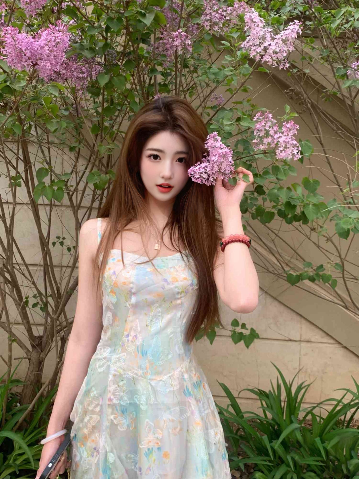 Green floral suspender dress gentle temperament waist small skirt R0578