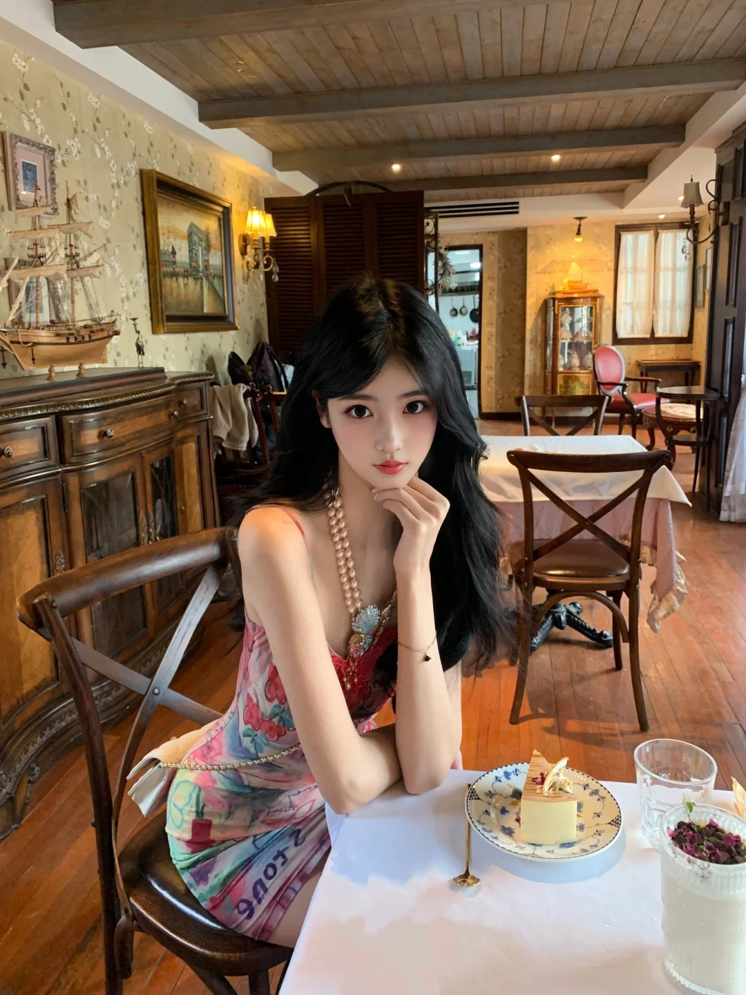 Sexy slim waist suspender dress beautiful printed hip skirt R0577