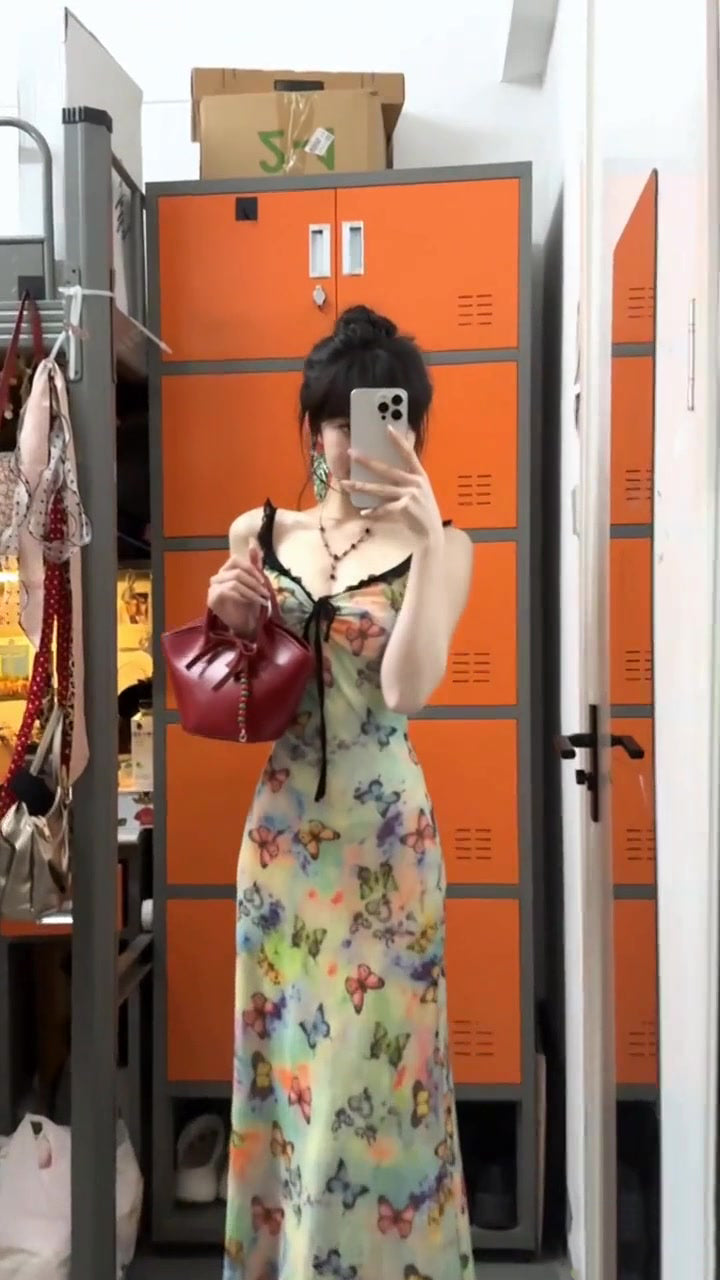 Floral suspender dress with gentle temperament, slim waist and hip skirt R0574