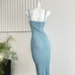 Misty blue pure slim long skirt suspenders knitted dress R2087