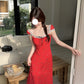 Tea break French floral dress 2025 new slim retro red holiday style long skirt R0045