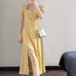 Tea break French dress new yellow square neck puff sleeves slit long skirt waist slimming skirt R0055