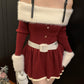 Christmas outfit red one-shoulder long-sleeved knitted New Year's battle robe suspender skirt R0022